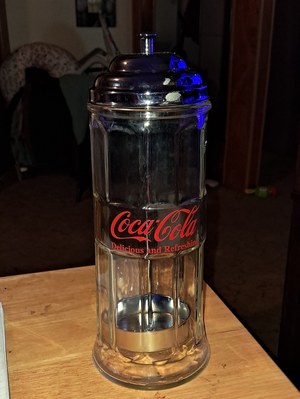 Vtg. 1992 Coca-Cola Glass & Stainless Steel Soda Foutain/Straw Holder.